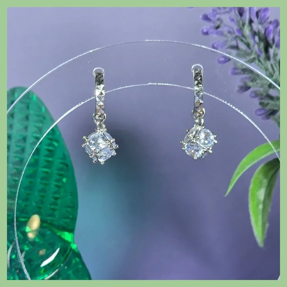 Sterling Silver Hoop Earrings With Dangling Cubic Zirconia‎ Squares (NWOT)